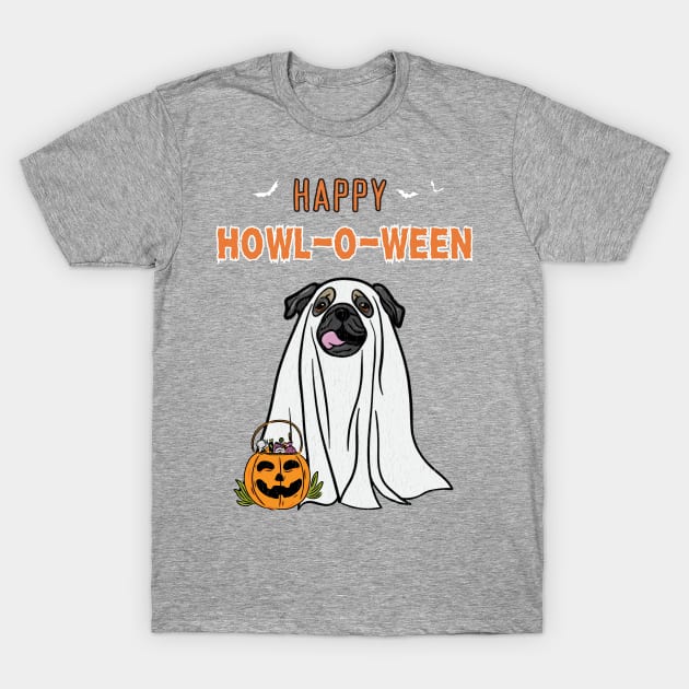 Happy Howl-O-Ween Pug Ghost Dog Design Distressed T-Shirt by bbreidenbach